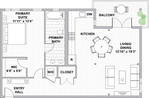 Floor plan for 1 bed, 1 bath, 918 sqft